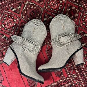 Dolls Kill Crystal-Embellished Silver Western Ankle Boots